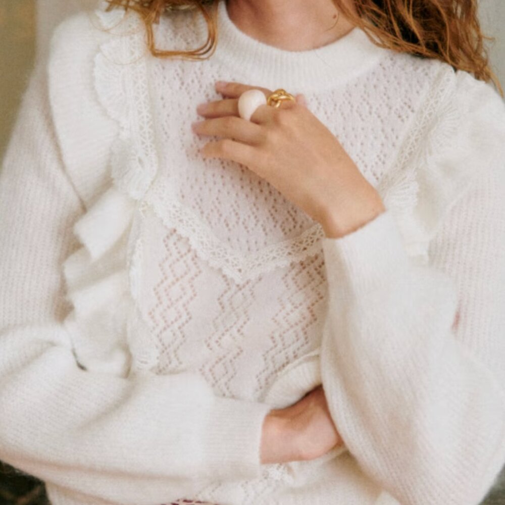 Sezane White Lace Detail Sweater